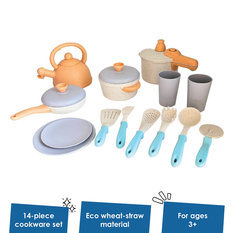 alldoro Eco-Friendly Play Kitchen Set 14 Pieces | Wheat-Straw Plastic | Pots Pans Plates Mugs Utensils | Sustainable Toy Kitchen for Kids Age 3+ - Image 2
