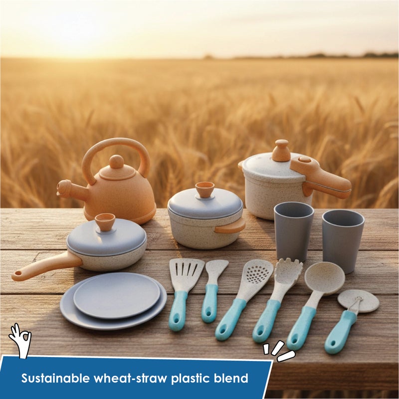 alldoro Eco-Friendly Play Kitchen Set 14 Pieces | Wheat-Straw Plastic | Pots Pans Plates Mugs Utensils | Sustainable Toy Kitchen for Kids Age 3+ - Image 4