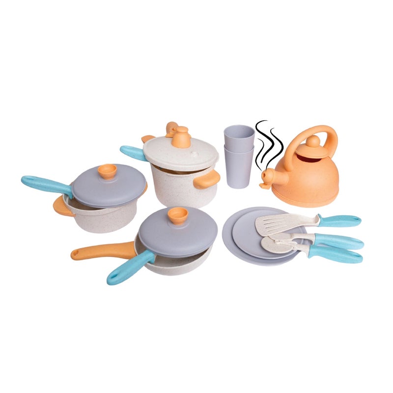 alldoro Eco-Friendly Play Kitchen Set 14 Pieces | Wheat-Straw Plastic | Pots Pans Plates Mugs Utensils | Sustainable Toy Kitchen for Kids Age 3+ - Image 1