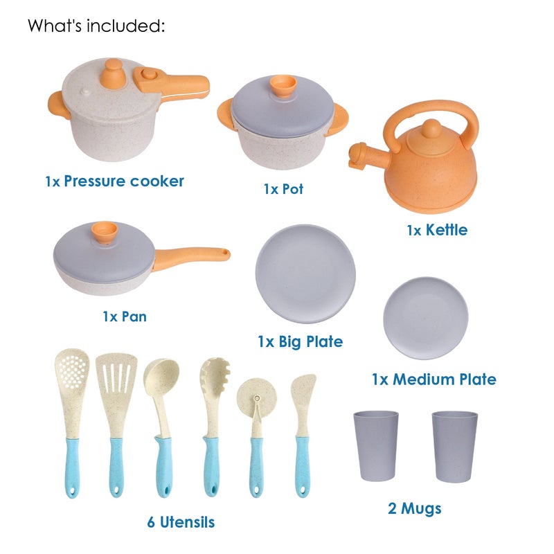 alldoro Eco-Friendly Play Kitchen Set 14 Pieces | Wheat-Straw Plastic | Pots Pans Plates Mugs Utensils | Sustainable Toy Kitchen for Kids Age 3+ - Image 3