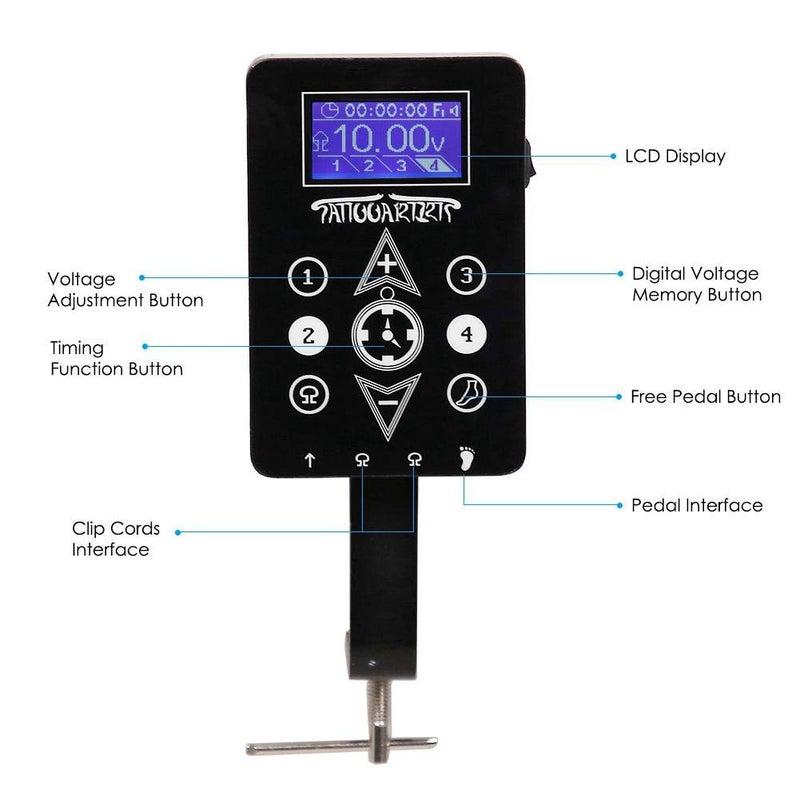 klarako Tattoo Power Supply Kit Digital LCD Touch Screen Tattoo Power Bank Two Interface for Rotary/Coil Tattoo Machine (US Plug) - Image 2