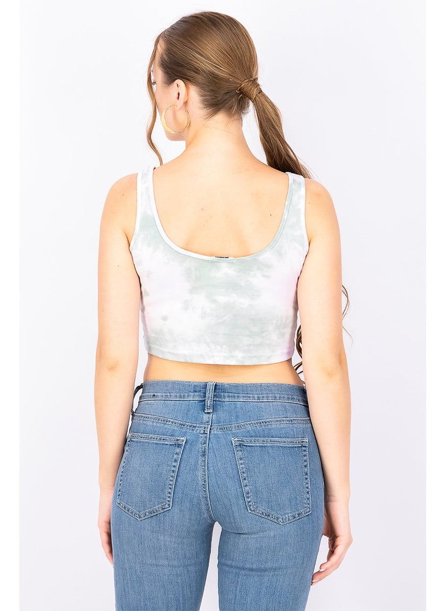 XOXO - Women Scoop Neck Sleeveless Tie Dye Crop Top, Sage and Lavender and White - Image 1