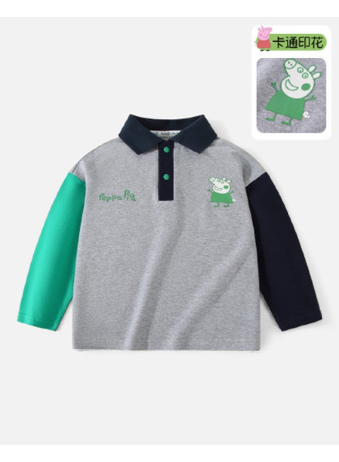 Peppa Pig spring Boys' Long Sleeve Polo Shirt - Color Block Collar Cartoon Casual Baby T-shirt - Image 1