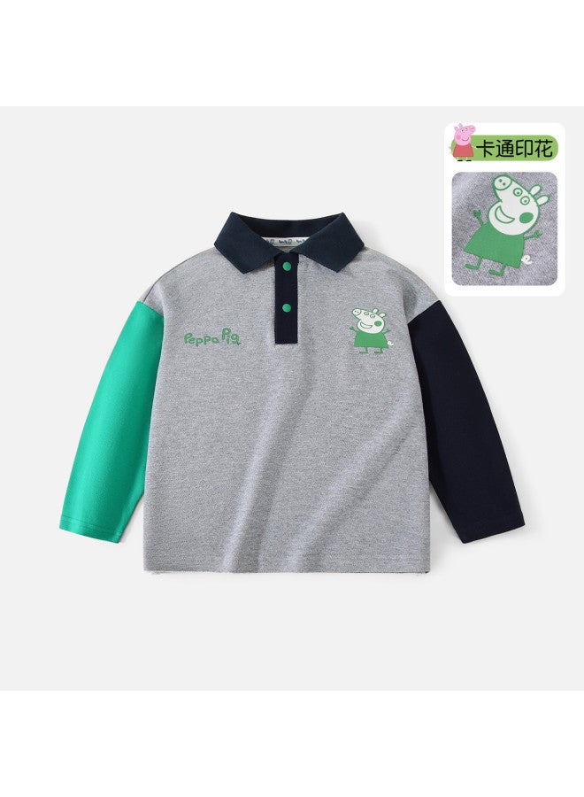 Peppa Pig spring Boys' Long Sleeve Polo Shirt - Color Block Collar Cartoon Casual Baby T-shirt - Image 2