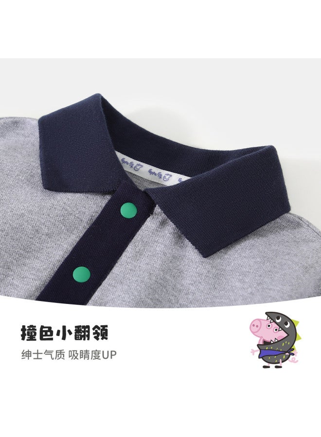 Peppa Pig spring Boys' Long Sleeve Polo Shirt - Color Block Collar Cartoon Casual Baby T-shirt - Image 4