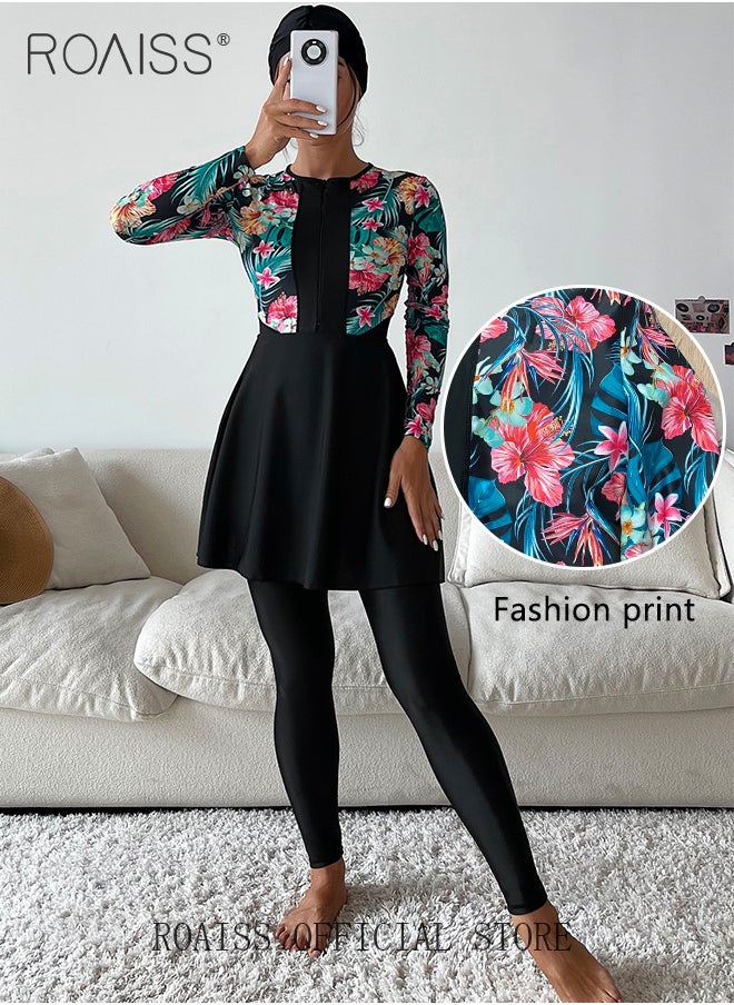 roaiss - 4 Piece Women Swimsuit Beach Sun Protection Clothing Conservative Style Long Sleeve Sun Protection Body Modification Printing Elements Contrasting Colors Various Matching Methods - Image 1
