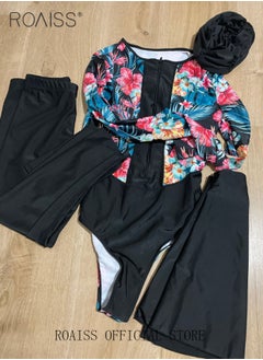 roaiss 4 Piece Women Swimsuit Beach Sun Protection Clothing Conservative Style Long Sleeve Sun Protection Body Modification Printing Elements Contrasting Colors Various Matching Methods  - Image 3