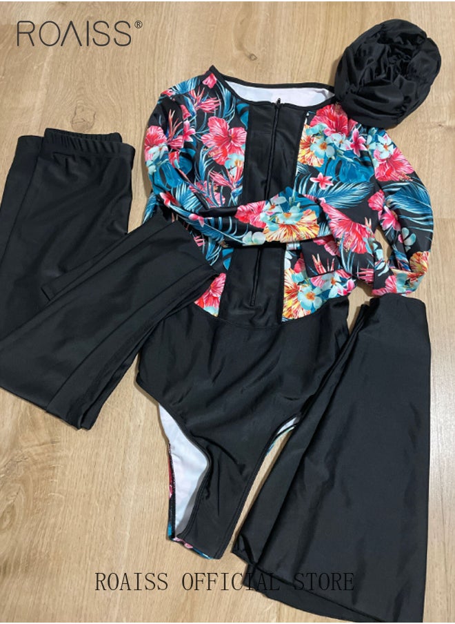 roaiss - 4 Piece Women Swimsuit Beach Sun Protection Clothing Conservative Style Long Sleeve Sun Protection Body Modification Printing Elements Contrasting Colors Various Matching Methods - Image 1