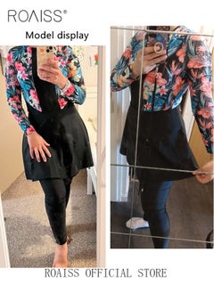 roaiss 4 Piece Women Swimsuit Beach Sun Protection Clothing Conservative Style Long Sleeve Sun Protection Body Modification Printing Elements Contrasting Colors Various Matching Methods  - Image 4