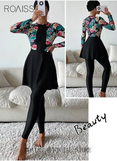 roaiss 4 Piece Women Swimsuit Beach Sun Protection Clothing Conservative Style Long Sleeve Sun Protection Body Modification Printing Elements Contrasting Colors Various Matching Methods  - Image 5