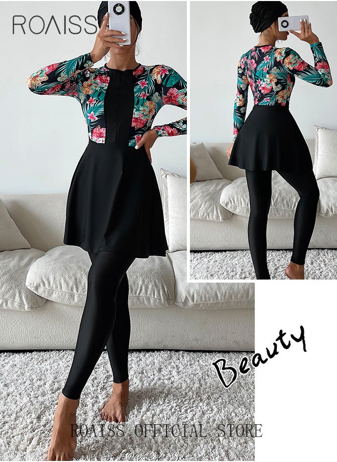 roaiss - 4 Piece Women Swimsuit Beach Sun Protection Clothing Conservative Style Long Sleeve Sun Protection Body Modification Printing Elements Contrasting Colors Various Matching Methods - Image 1