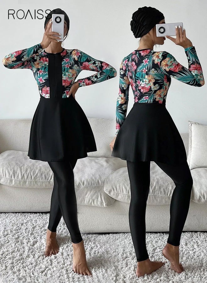 roaiss 4 Piece Women Swimsuit Beach Sun Protection Clothing Conservative Style Long Sleeve Sun Protection Body Modification Printing Elements Contrasting Colors Various Matching Methods - Image 1