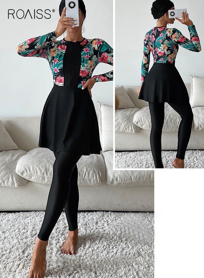 roaiss 4 Piece Women Swimsuit Beach Sun Protection Clothing Conservative Style Long Sleeve Sun Protection Body Modification Printing Elements Contrasting Colors Various Matching Methods - Image 5