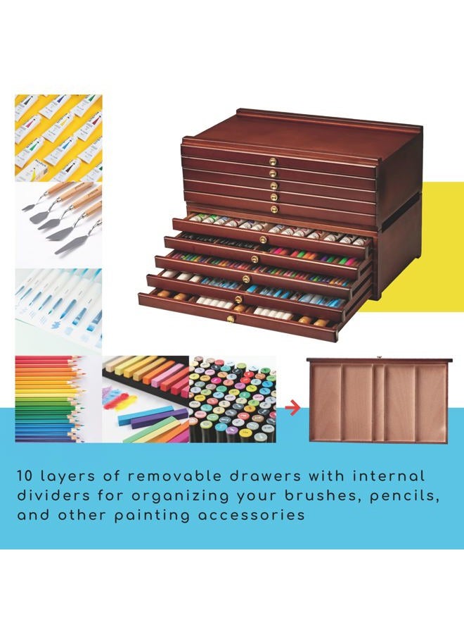 MEEDEN 10-drawer Wood Artist Supply Storage Box, Portable Beechwood Multifunctional Pencil Brush Organizer Wood Box with Drawer&Compartments for Pastels, Pencils, Pens, Makeup Brushes(Deep Walnut) - Image 3