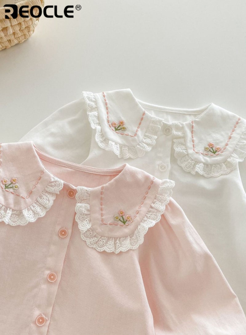 ريوكل بلوزة بقلادة مزهرة للبنات مع أكمام متدرجة رقيقة وبنية قطن ناعمة، قميص فستان للأطفال يناسب الربيع والخريف - Image 2
