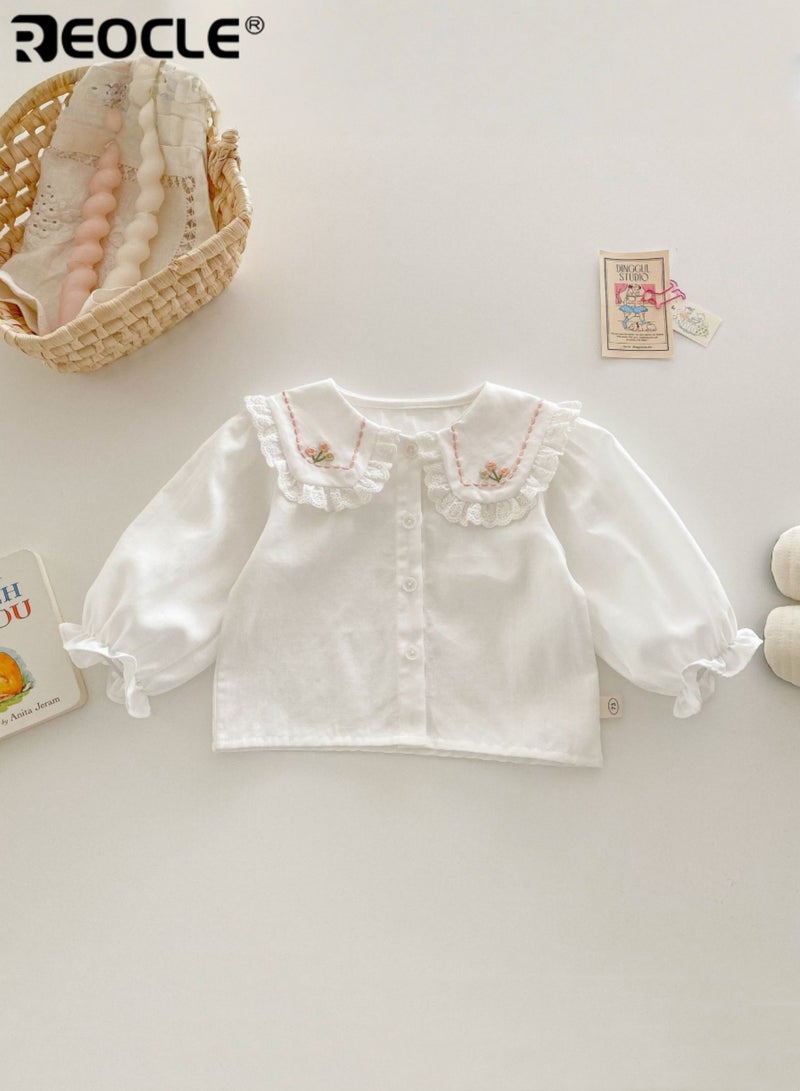 ريوكل بلوزة بقلادة مزهرة للبنات مع أكمام متدرجة رقيقة وبنية قطن ناعمة، قميص فستان للأطفال يناسب الربيع والخريف - Image 1