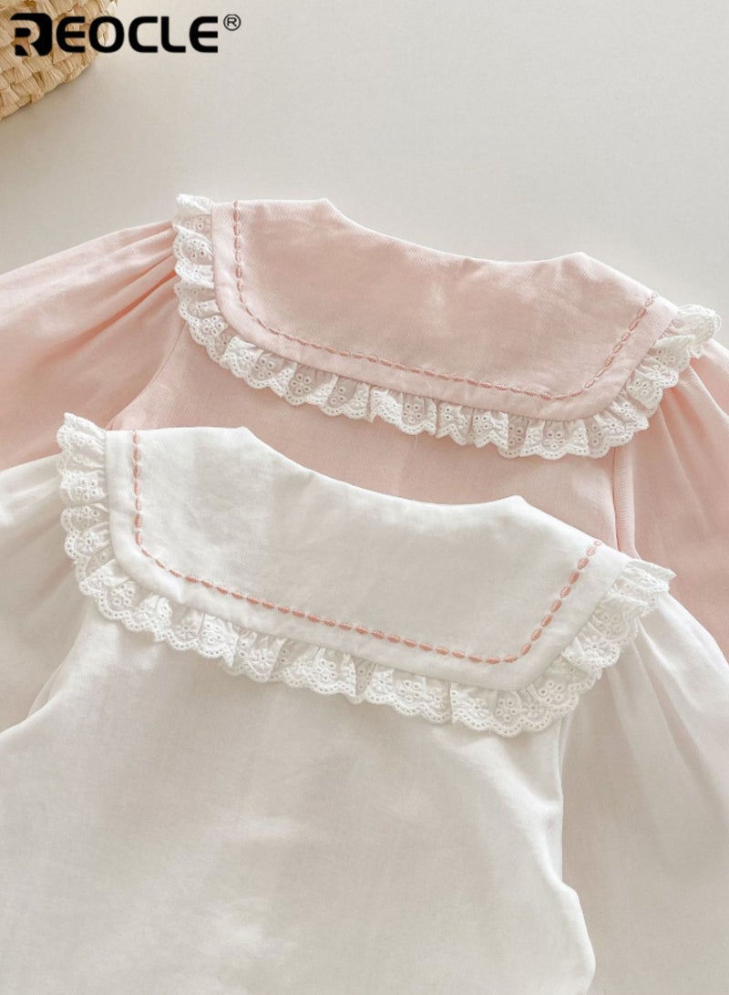 ريوكل بلوزة بقلادة مزهرة للبنات مع أكمام متدرجة رقيقة وبنية قطن ناعمة، قميص فستان للأطفال يناسب الربيع والخريف - Image 3