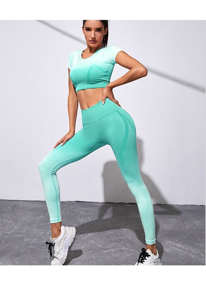 Loquat Women's Fashion Casual Short-sleeved Seamless Suit Gradient Color Tie Dye Printed High Waist Yoga Shorts Tracksuit Sets 