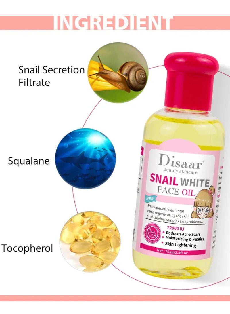 Disaar زيت الوجه من سنيل وايت 75 مل لتفتيح البشرة وعلاج آثار حب الشباب وترطيب الجمال وإصلاح البشرة وزيت تبييض الوجه وزيت سيروم الوجه المتألق وزيت سيروم الوجه للعناية بالبشرة وزيت سنيل المغذي - Image 4