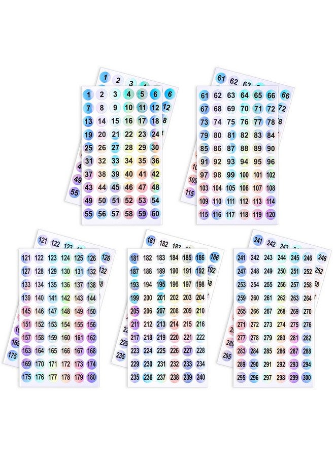مولين ملصقات أرقام من 1 إلى 300، 10 أوراق من ملصقات ذاتية اللصق وملصقات دائرية مقاومة للماء وملصقات أرقام عاكسة بالليزر وملصقات مرقمة بشكل متتالي للتخزين/التنظيم - Image 1