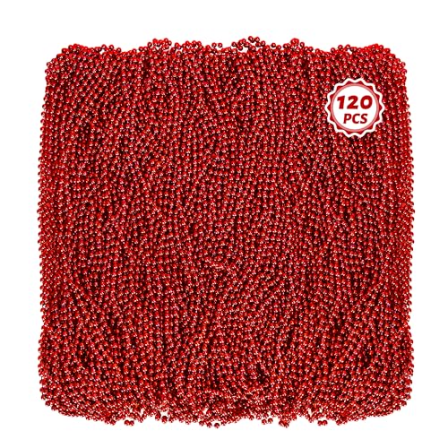 Huskein 120PCS Bead Necklace Red Mardi Gras Beads 33 IN Mardi Gras Accessories Party Costume Beads Parade Throws Bulk for Christmas Pirate Wedding Party Favors Supplies Decoration - Image 1