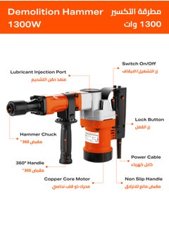 LAWAZIM Pro7 Demolition Hammer with Metal Case - 1300W - Heavy Duty Electric Jackhammer with 360° Rotatable Handle and Anti-Vibration System, Includes Flat and Pointed Chisels - Ideal for Concrete Breaking and Tile Removal  - Image 3