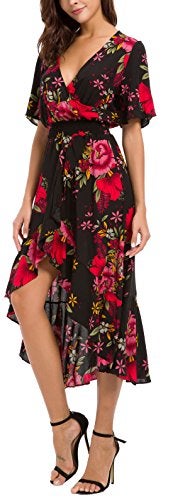 Kormei Womens Short Sleeve Floral High Low V-Neck Flowy Party Long Maxi Dress L Black&Red - Image 2