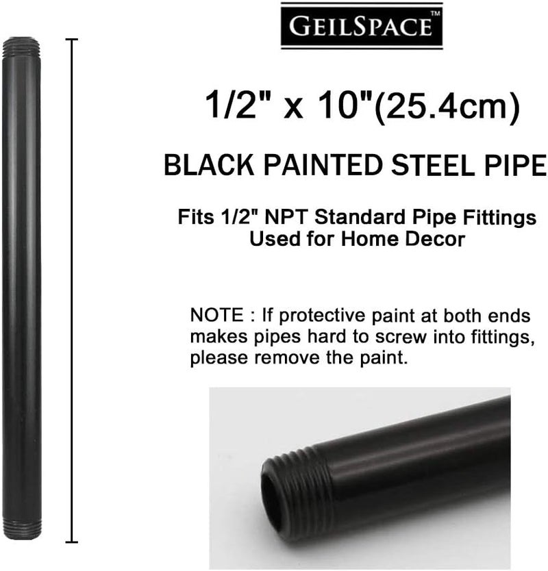 GeilSpace 6 Pack 1/2" × 10" Pre-Cut Black Metal Pipe, Industrial Steel Fits Standard Half Inch Black Threaded Pipes and Fittings - Vintage DIY Industrial Shelving (1/2" × 10") - Image 2