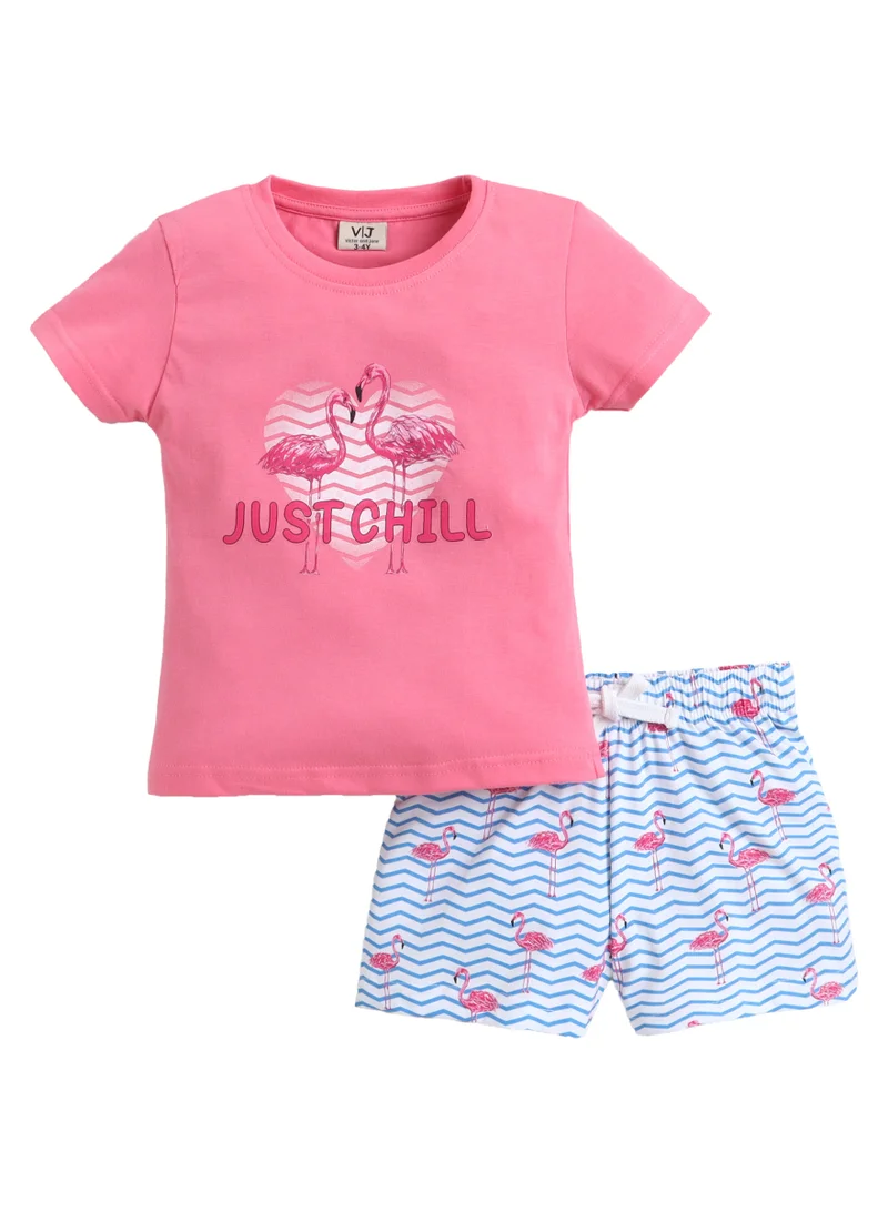 فكتور اند جين Girls Flamingo Print Cotton Pajama Set – T-Shirt & Shorts Nightwear