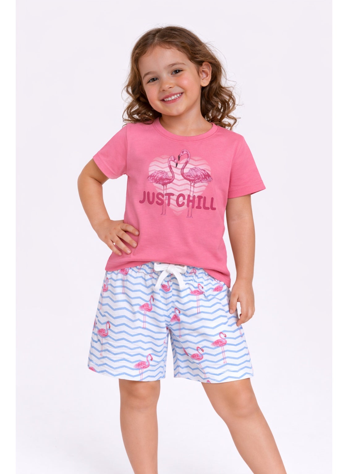 victor and jane Girls Flamingo Print Cotton Pajama Set – T-Shirt & Shorts Nightwear