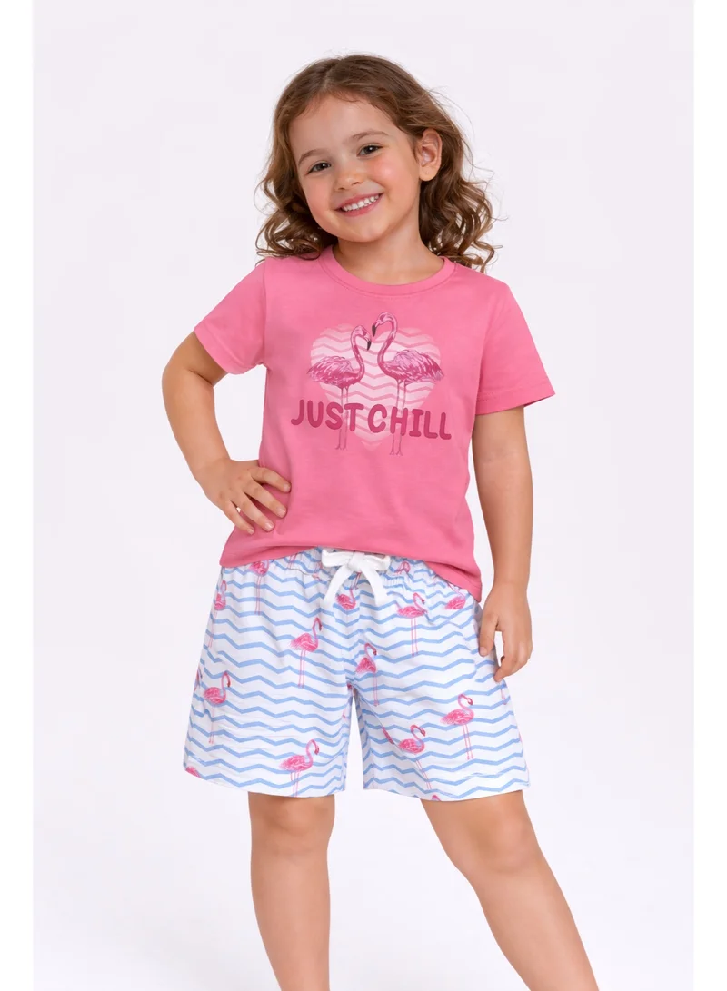 فكتور اند جين Girls Flamingo Print Cotton Pajama Set – T-Shirt & Shorts Nightwear