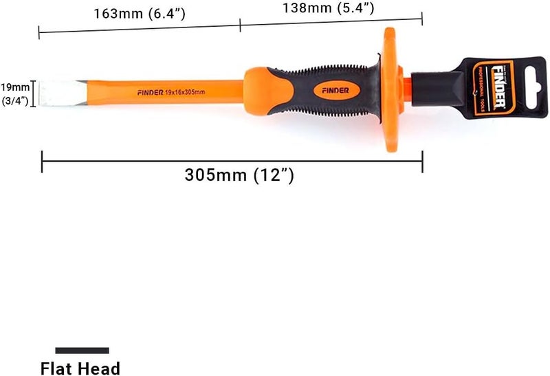 FINDER 12-Inch Heavy Duty Flat Chisel with Hand Protection, Flat Head, Demolishing/Masonry/Carving/Concrete Breaker Chisels with Bi-Material Hand Guard - Image 3