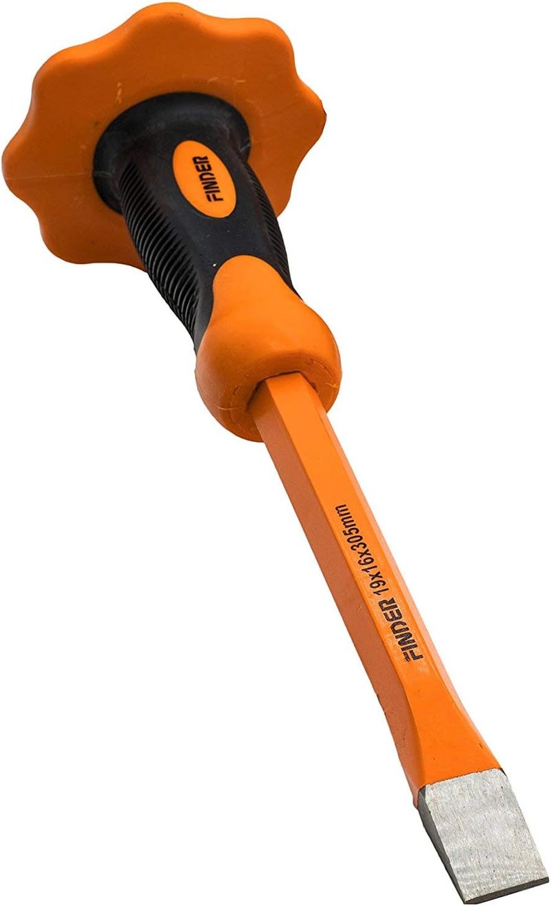 FINDER 12-Inch Heavy Duty Flat Chisel with Hand Protection, Flat Head, Demolishing/Masonry/Carving/Concrete Breaker Chisels with Bi-Material Hand Guard - Image 1