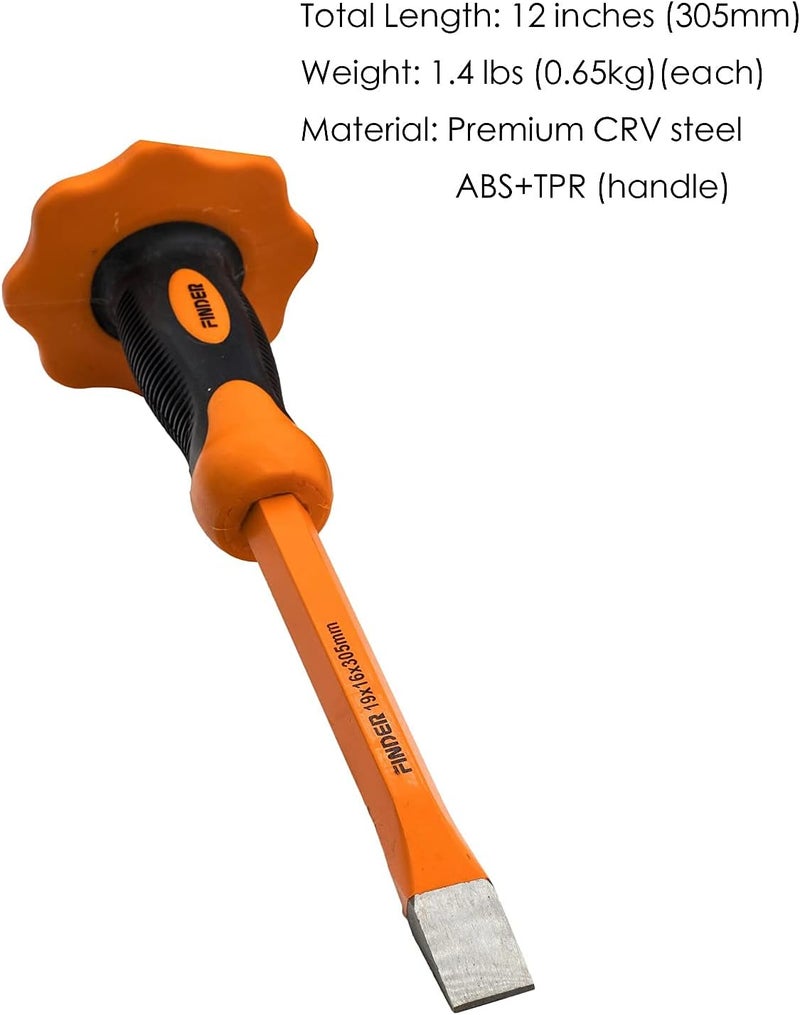 FINDER 12-Inch Heavy Duty Flat Chisel with Hand Protection, Flat Head, Demolishing/Masonry/Carving/Concrete Breaker Chisels with Bi-Material Hand Guard - Image 4