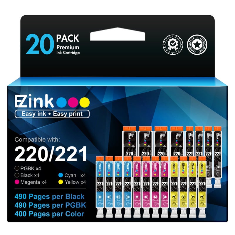 E-Z Ink خراطيش حبر E-Z Ink المتوافقة بديل لـ Canon PGI220 PGI-220 CLI221 CLI-221 للاستخدام مع MX870 MX860 MP620 MP560 MP980 (4 أسود كبير، 4 أزرق، 4 وردي، 4 أصفر، 4 أسود صغير) 20 عبوة - Image 1