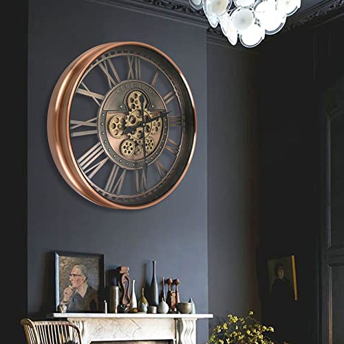 DORBOKER Real Moving Gears Wall Clock Large Modern Metal Clocks for Living Room Decor, Industrial Steampunk Unique Vintage Rustic Decorative Clock for Home Farmhouse Office, 21 Inch,Red Copper Roman - Image 5