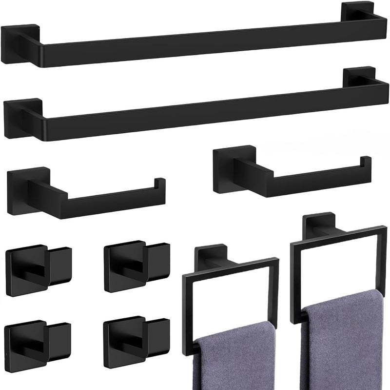 10Pieces Matte Black Bathroom Accessories Set Stainless Steel Bathroom Hardware Set Towel Racks for Bathroom Wall Mounted 24 Inch Bath Towel Bar Set