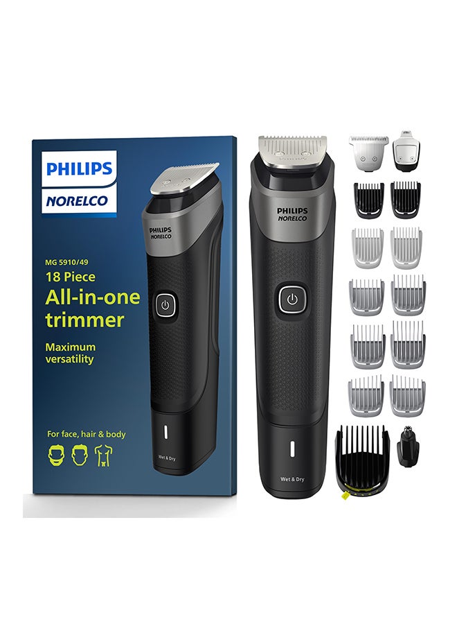 Philips Norelco Multigroom 5000 Series, All-in-One Trimmer and Hair Clipper, 18-Piece Men's Grooming Kit for Beard, Face, Hair, Body and Intimate Areas, No Blade Oil Needed, Model MG5910/49