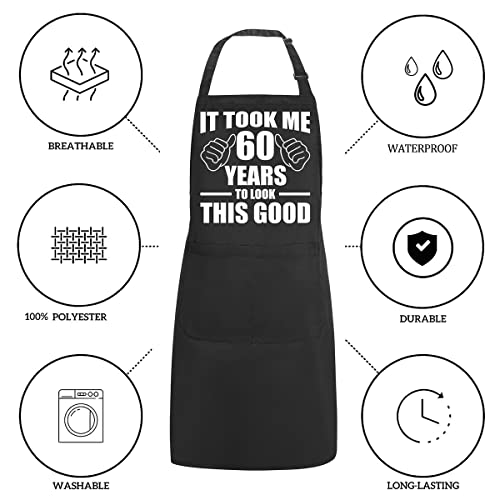 POTALKFREE 60th Birthday Gifts for Women Men, Funny Chef Aprons with Pockets, 60 Years Old Kitchen Cooking Grilling Apron for Grandma Grandpa Dad Mom - Image 2