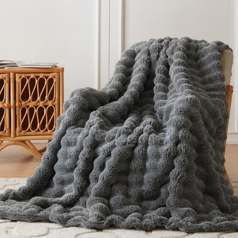 COOVA Faux Fur Throw Blanket for Couch, Cozy Soft and Fuzzy Plush Rabbit Fur Bubble Blanket for Sofa Bedroom Living Room, 50x60 Inches Cationic Light Grey - Image 1