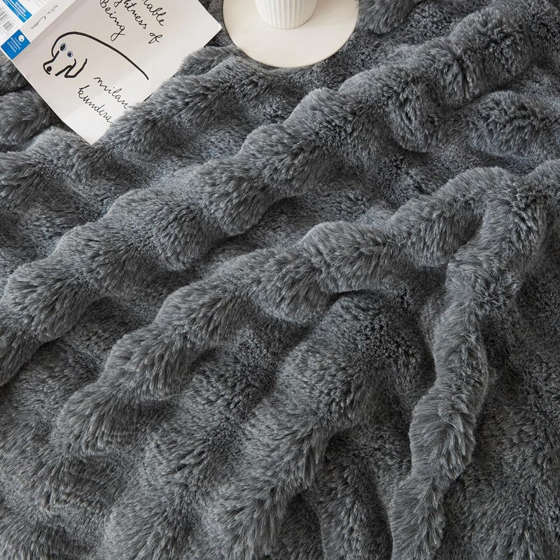 COOVA Faux Fur Throw Blanket for Couch, Cozy Soft and Fuzzy Plush Rabbit Fur Bubble Blanket for Sofa Bedroom Living Room, 50x60 Inches Cationic Light Grey - Image 5