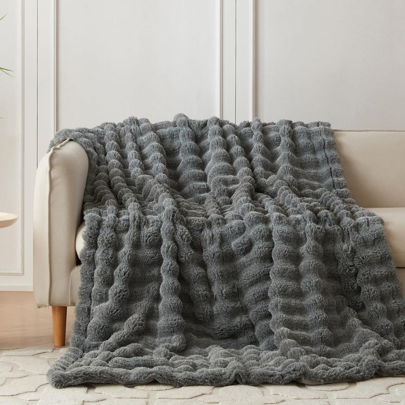 COOVA Faux Fur Throw Blanket for Couch, Cozy Soft and Fuzzy Plush Rabbit Fur Bubble Blanket for Sofa Bedroom Living Room, 50x60 Inches Cationic Light Grey - Image 2