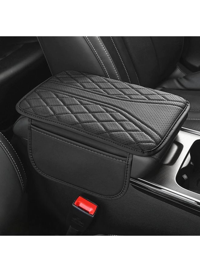 Black Leather Car Armrest Cushion With Side Storage Pocket Vehicle Interior Accessory - Image 3