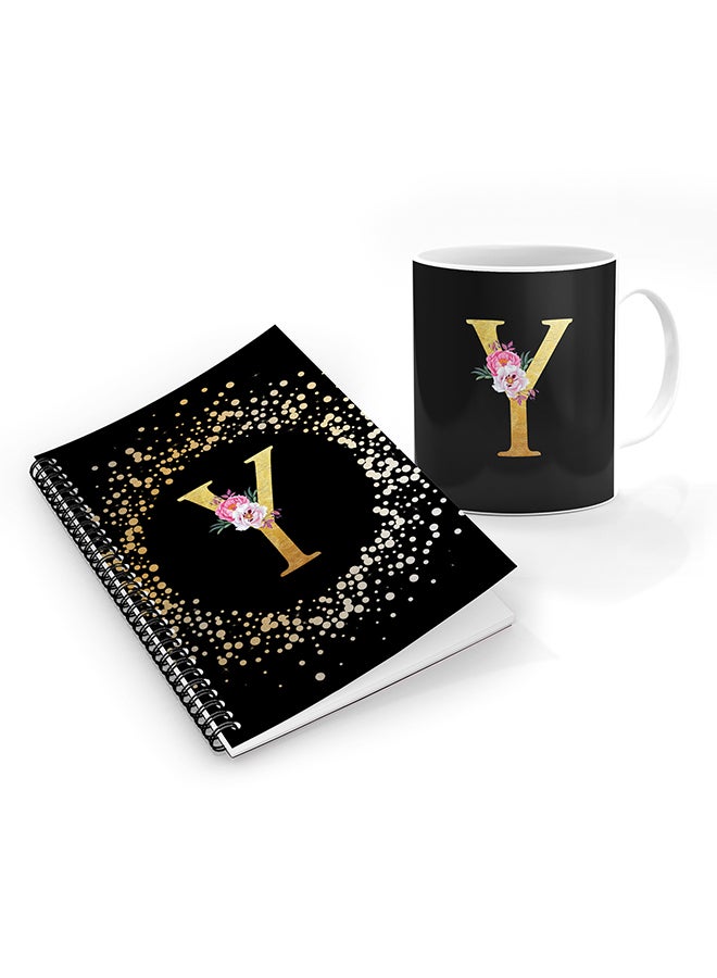 Stylizedd Printed Coffee Mug + A5 Spiral Notebook Memo Personalised Combo Gift Set Custom Monogram Initial Letter Floral Pattern Alphabet -  Y (Black)