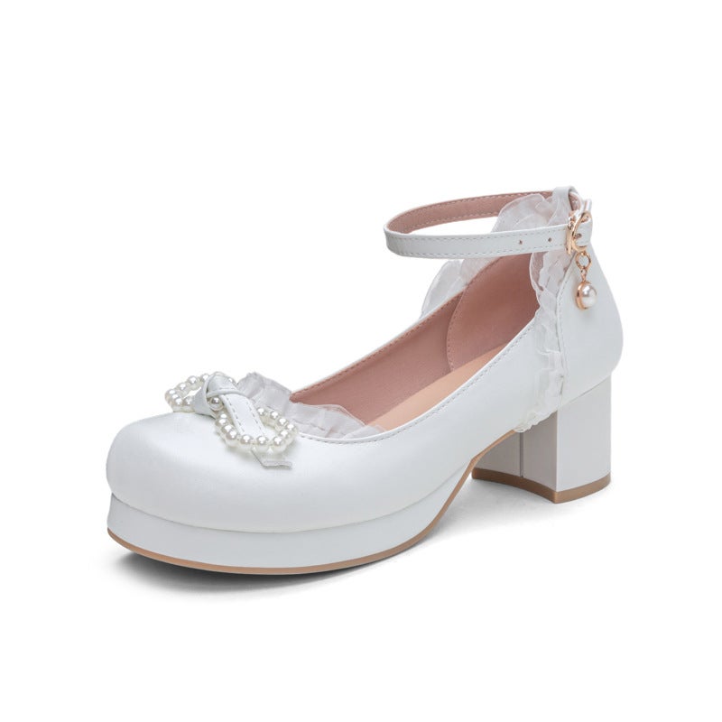 Sweet Soft Sister Shallow Mouth 2025 Lolita Student 28-43 Big Child Princess Lo Shoes Bow Pearl Shoes - Image 1