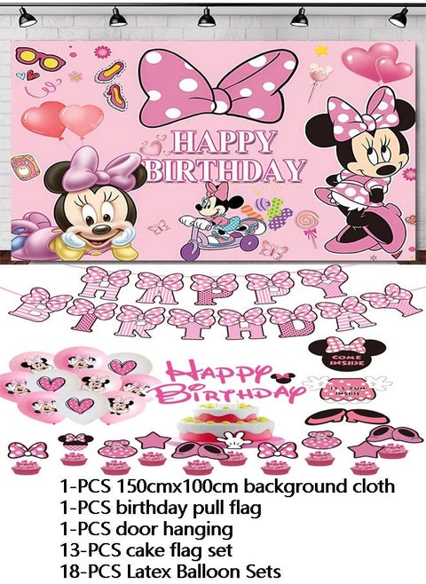 34-piece Mickey and Minnie theme set birthday party supplies including theme background cloth (size 150cmx100cm)
