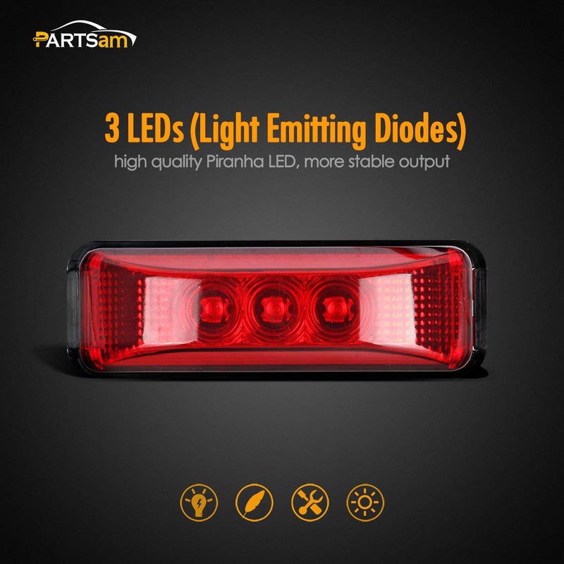 Partsam Pair 3.9" Side Marker & Clearance Light Red Waterproof Black Base Mount 3LED, Sealed Thin Line LED Trailer Marker Clearance or ID Lights w/Miro-Reflectors - Image 2