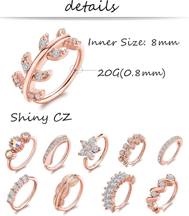 Tornito 10Pcs Nose Ring Hoop Paved Flower Leaf Feather CZ Cartilage Earrings Nose Piercing Jewelry for Women Men Silver Gold Rose Gold Tone 20G - Image 2