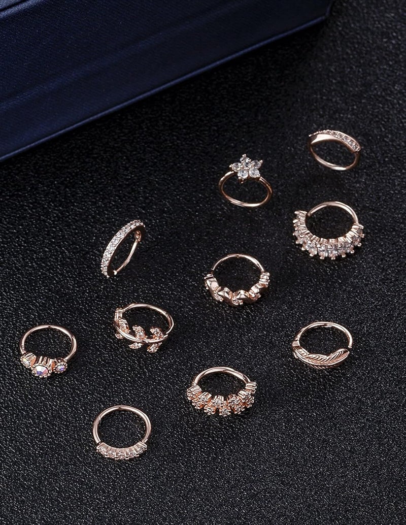 Tornito 10Pcs Nose Ring Hoop Paved Flower Leaf Feather CZ Cartilage Earrings Nose Piercing Jewelry for Women Men Silver Gold Rose Gold Tone 20G - Image 5