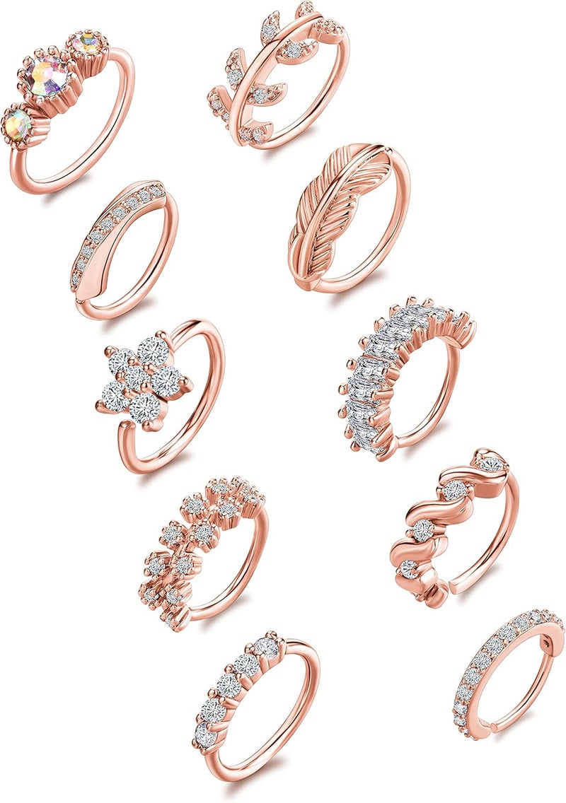 Tornito 10Pcs Nose Ring Hoop Paved Flower Leaf Feather CZ Cartilage Earrings Nose Piercing Jewelry for Women Men Silver Gold Rose Gold Tone 20G - Image 1